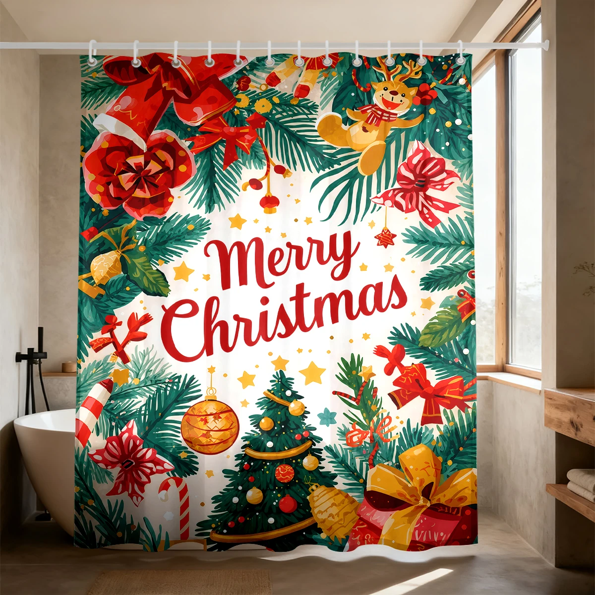 90G Waterproof Shower Curtain Christmas Wreath Merry Christmas Print Waterproof Bathroom Curtain