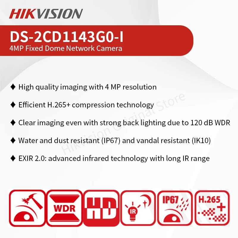 Hikvision 4MP Dome Camera DS-2CD1143G0-I Waterproof Vandal Resistant IP67 IK10 2K Security Camera Night Vision 30m Smart H.265+