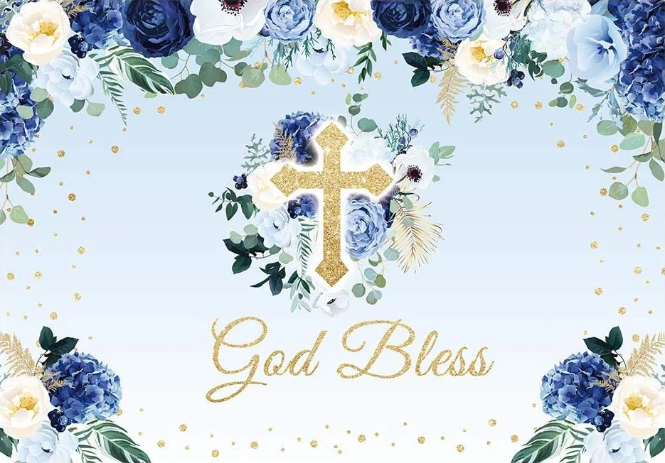 Фон для фотосъемки с изображением богов, благословления, крестины, вечеринки, Первого Святого Причастия, Фотофон с голубыми цветами для мальчиков и малышей