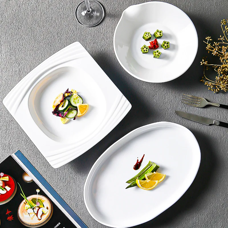 Irregular Shape White Melamine Hotel Dinner Plates Dishes Imitation Porcelain Trays Salad Dessert for Home and Kitchen