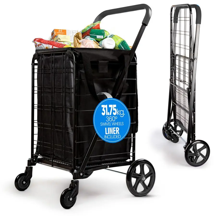 

Small Compact Folding Shopping Cart with Removable Waterproof Liner 360 Swivel Wheels, RustProof Steel Frame, 70lb Capacity Port