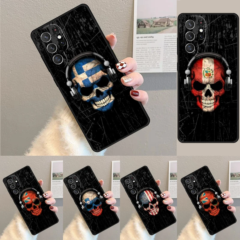 غطاء لهاتف سامسونج جالاكسي S24 S25 Ultra S21 S22 نوت 10 20 لايت بلس FE S23 Dj جمجمة مع حافظة هاتف العلم الوطني Coque #1