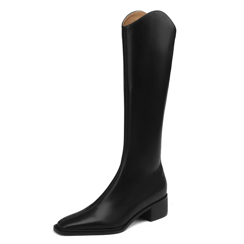 

Women Knee High Boots Fashion Genuine Leather Shoes Woman Square Toe Thick Med Heels Western Boots Size 41 42