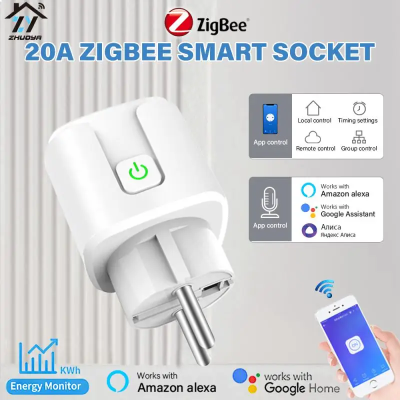 

ZY Tuya ZigBee EU Smart Plug 20A Smart Socket With Power Monitor Smart Home Smart Life Voice Control Work With Alexa Google Home