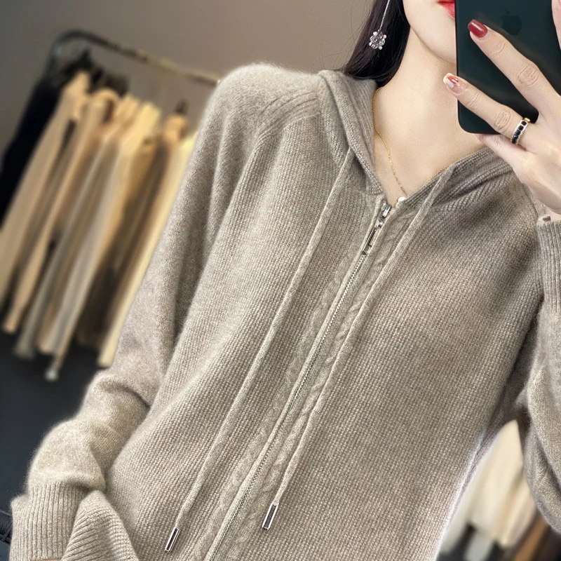 Neuer 100% Kaschmir pullover für Frauen Kapuze Strickjacke mit Reiß verschluss Mode Kaschmir pullover Frauen Freizeit pullover Herbst und Winter