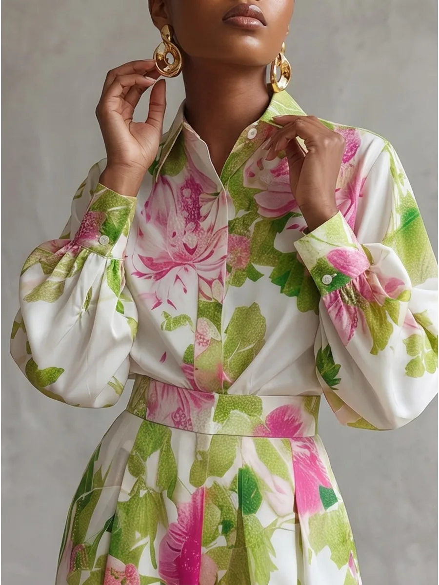 Modigirl Women Floral Print Collared Button Down Long Sleeve Blouse Satin Silky Oversized Casual Elegant Work Party Shirts