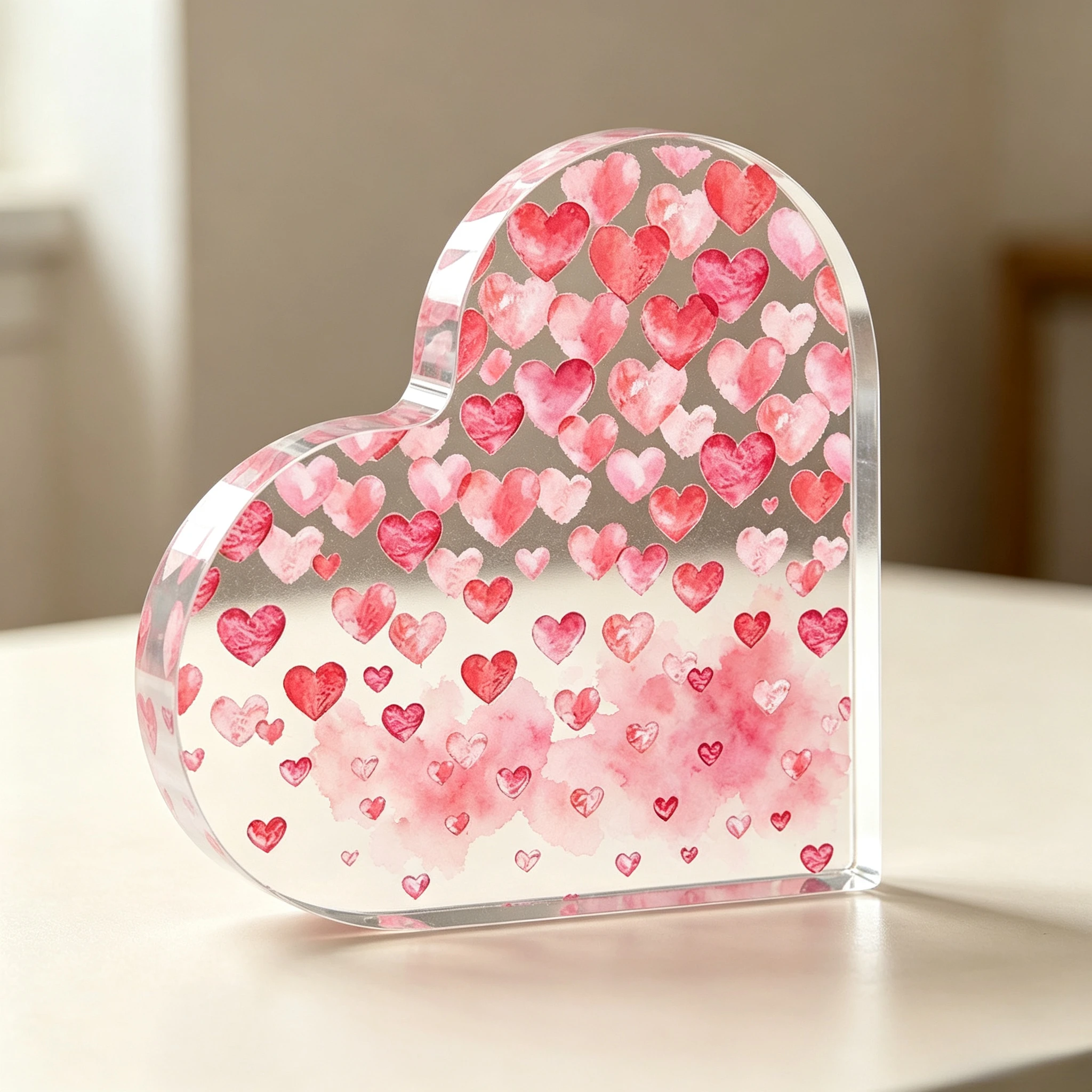 Watercolor Red Pink Hearts Heart‑Shaped Clear Acrylic Plaque Romantic Tabletop Keepsake Ornament Valentine’s Day Wedding Anniversary Home Decor Gift For Her