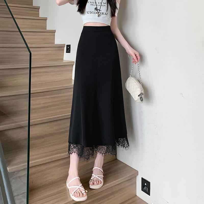 2025 Spring Summer Lace Spliced Midi Skirt High Waist A-Line Women Clothing Elegant Slim Long Skirts for Women Sexy Black Skirt