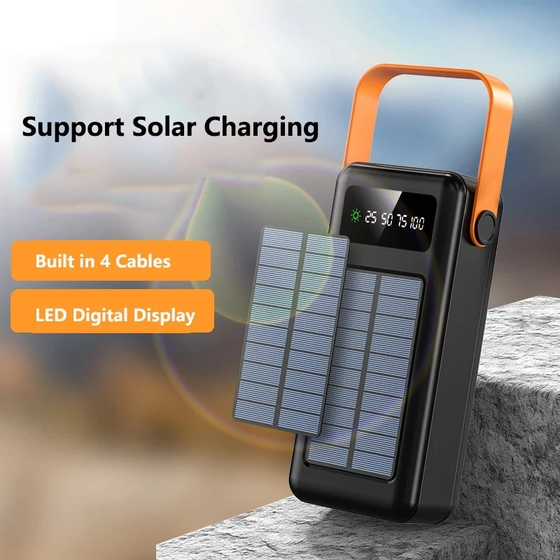 100000mAh Solar Panel Power Bank Fast charging Comes with Four Wire External Battery Pack with Flashlight For Outdoors