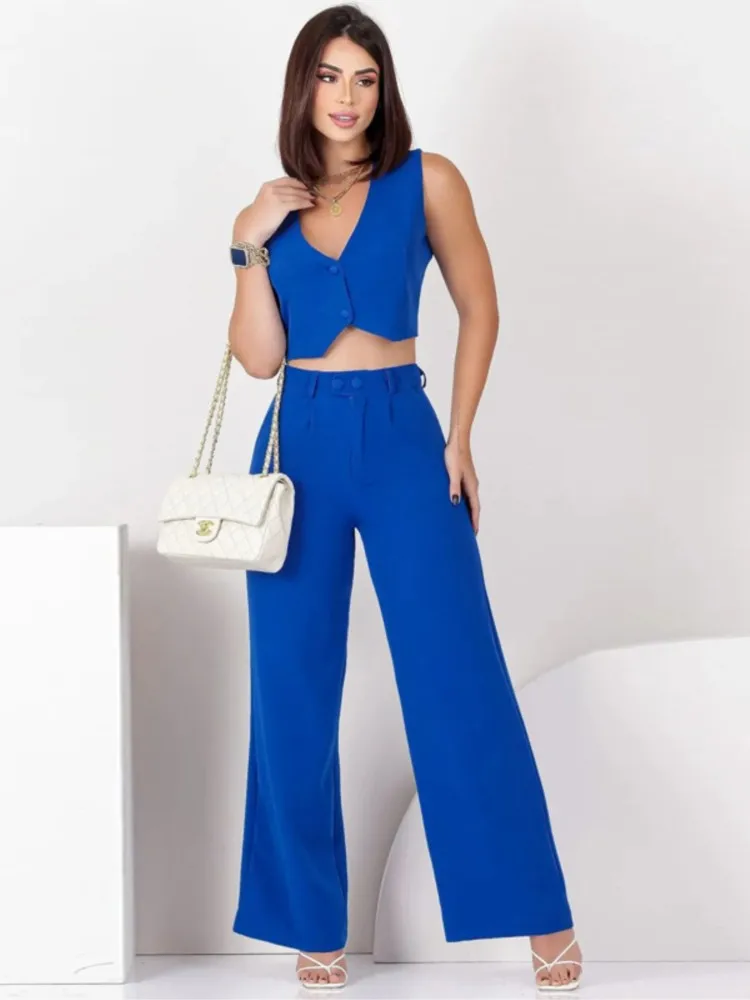 

Spring Fashion 2 Piece Set Women V-Neck Strap Shirred Slim Crop Top & Lace-up Wide Leg Pants Sets Elegant Holiday Lady Suit