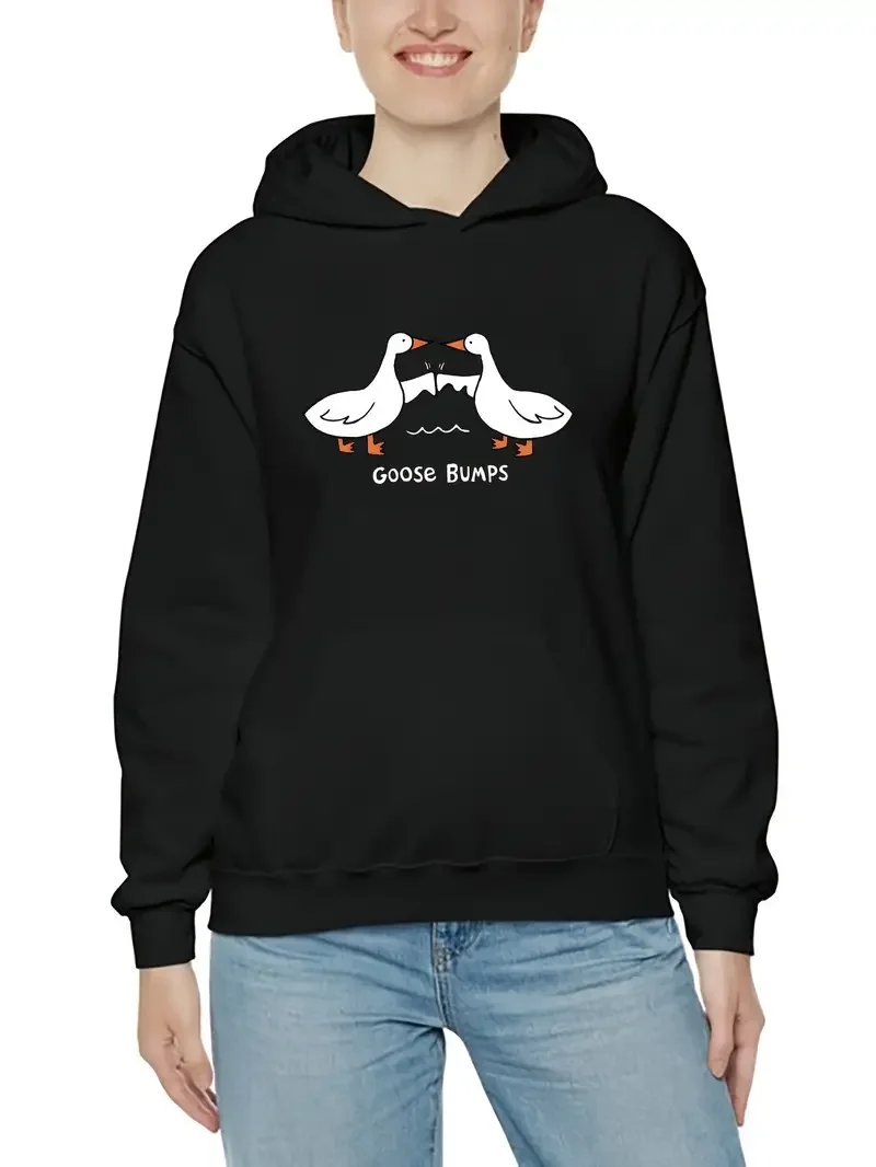 Cartoon Goose Print Casual Hooded Sweatshirt Long Sleeves With Pocket Loose Fit Hoodie Women's Clothing