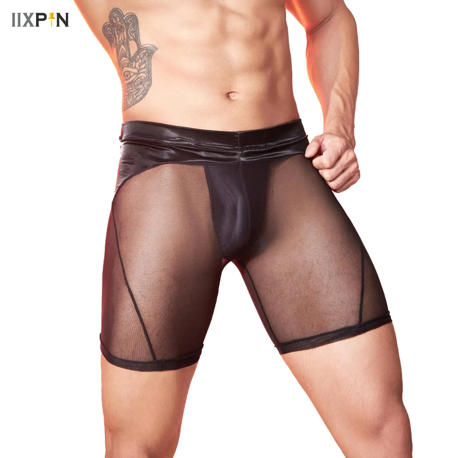 

Mens Sheer Mesh Lingerie Shorts Patchwork Waist Opaque Bulge Crotch Jockstraps Underwear Sexy Sheer Biker Short Pants Beachwear