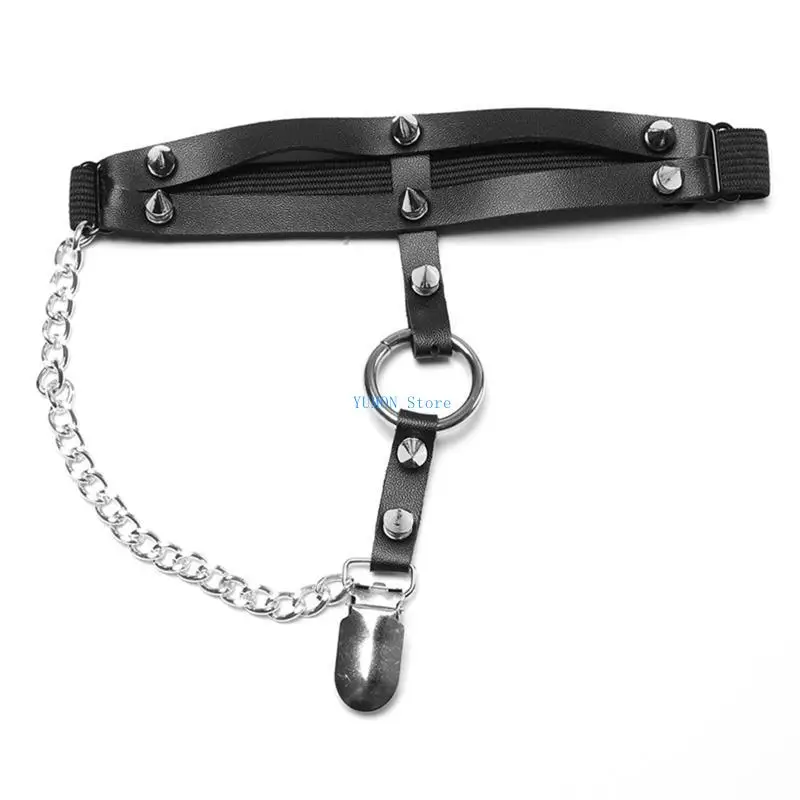 D0UD 여성을 위한 매달려 체인 원형 장식 PU 가죽 허벅지 클립이 있는 탄성 다리 벨트