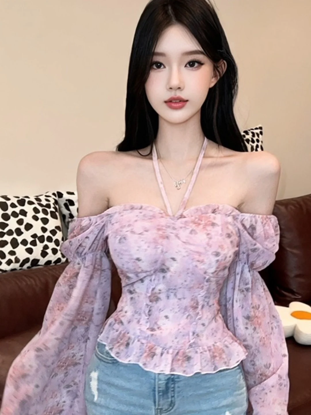 

Sweet Style Floral Print One Shoulder Long Sleeve Shirt Women's Fashion Slimming Top Versatile Casual Breathable Polyester