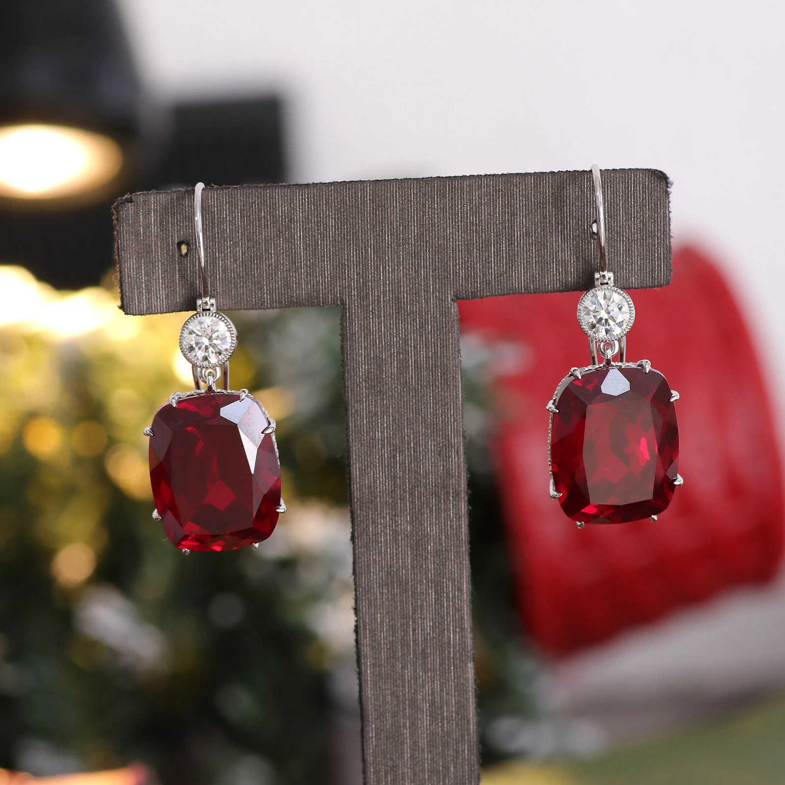 

Provence 10K White Gold Two Stone Dangle Earrings With 9*11mm Cushion Lab Ruby For Lady‘s Jewelry With Side Stones