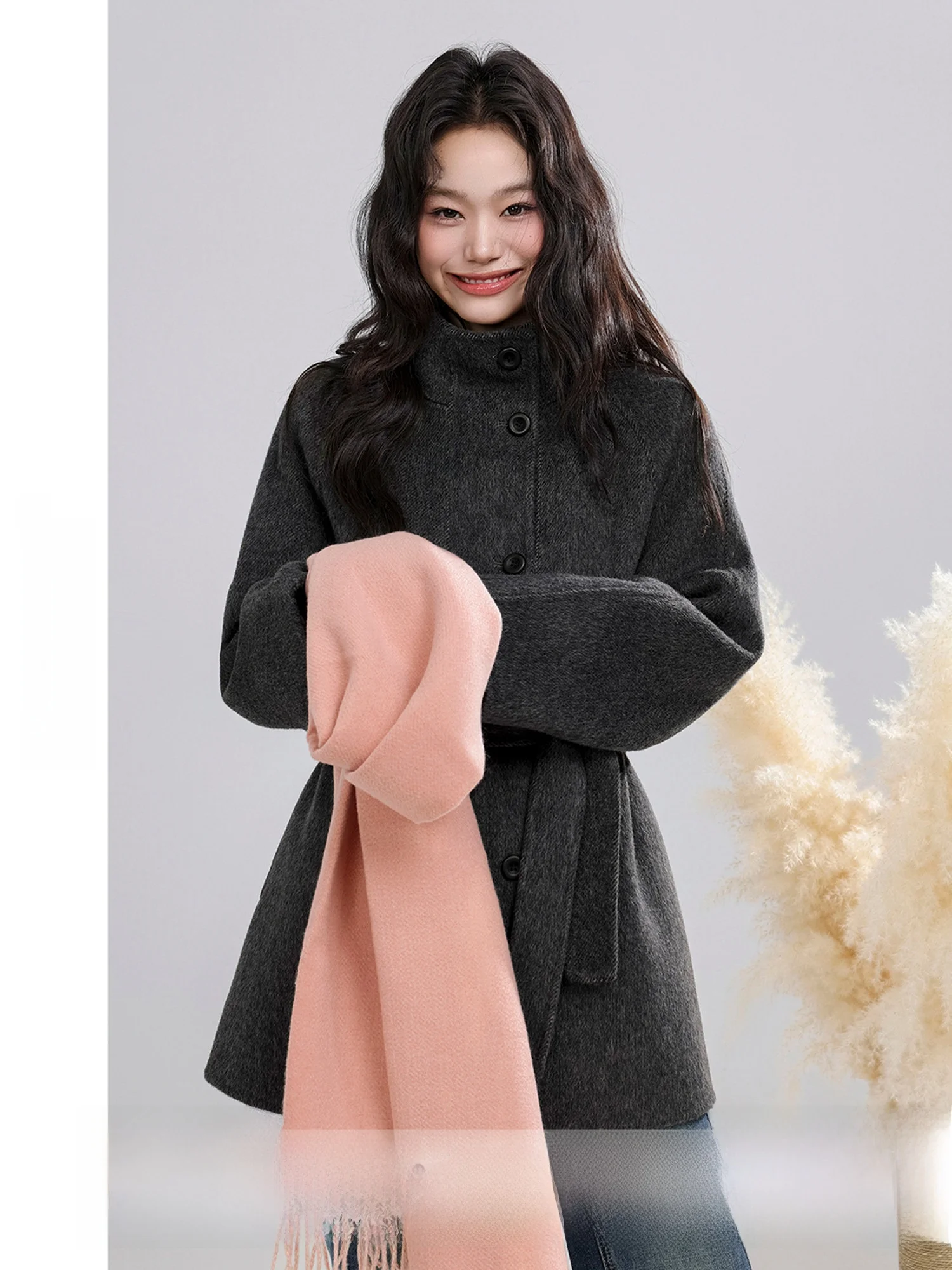 

Double-Faced Woolen Jaet Women's Waist-Cinching Stand Collar Commute Sle Korean Version Winter New Arrival Pure Color