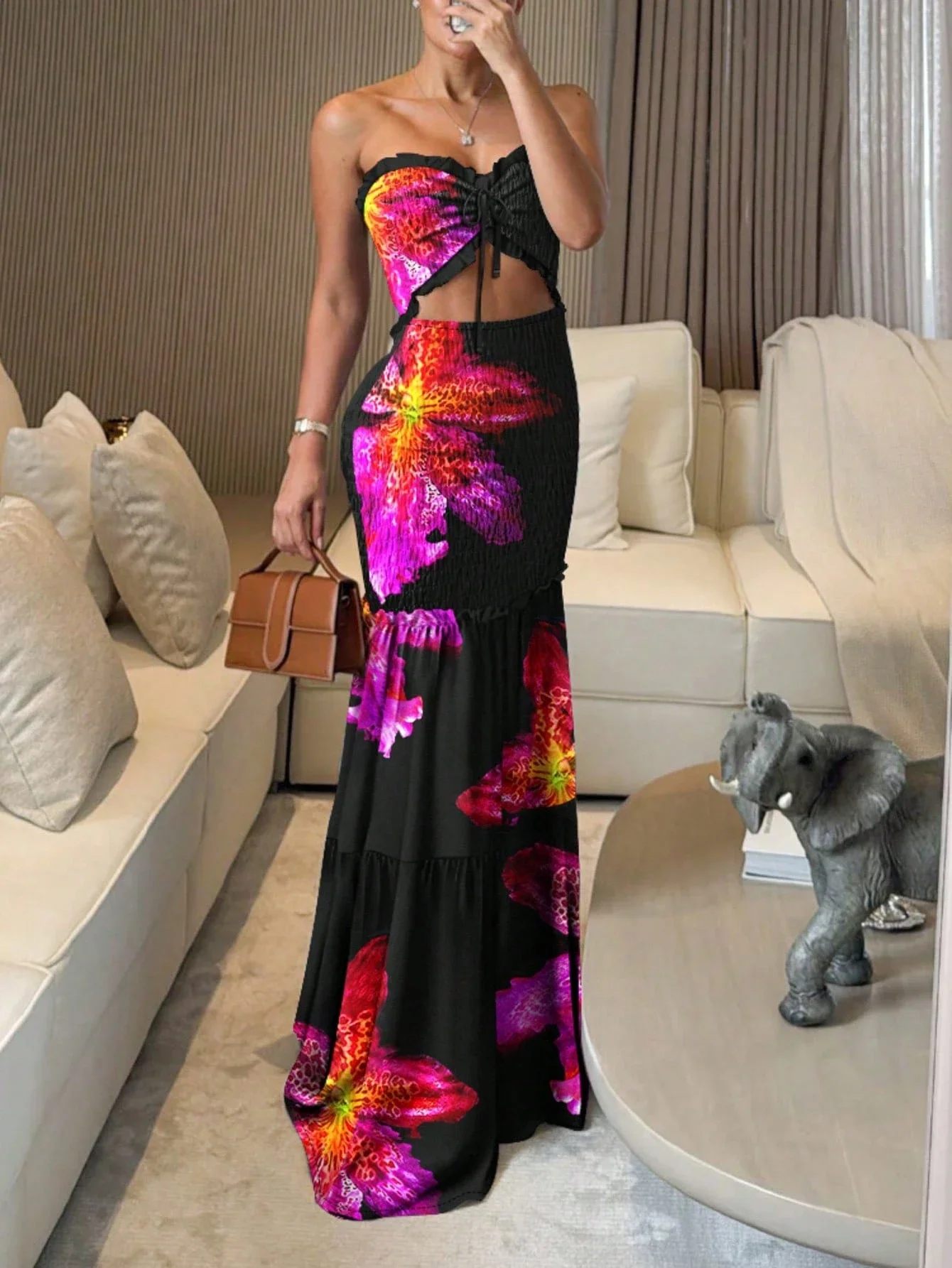 

Tropical Floral Print Women's Ruched Tube Dress Mermaid Hem Vacation Party Summer Dress