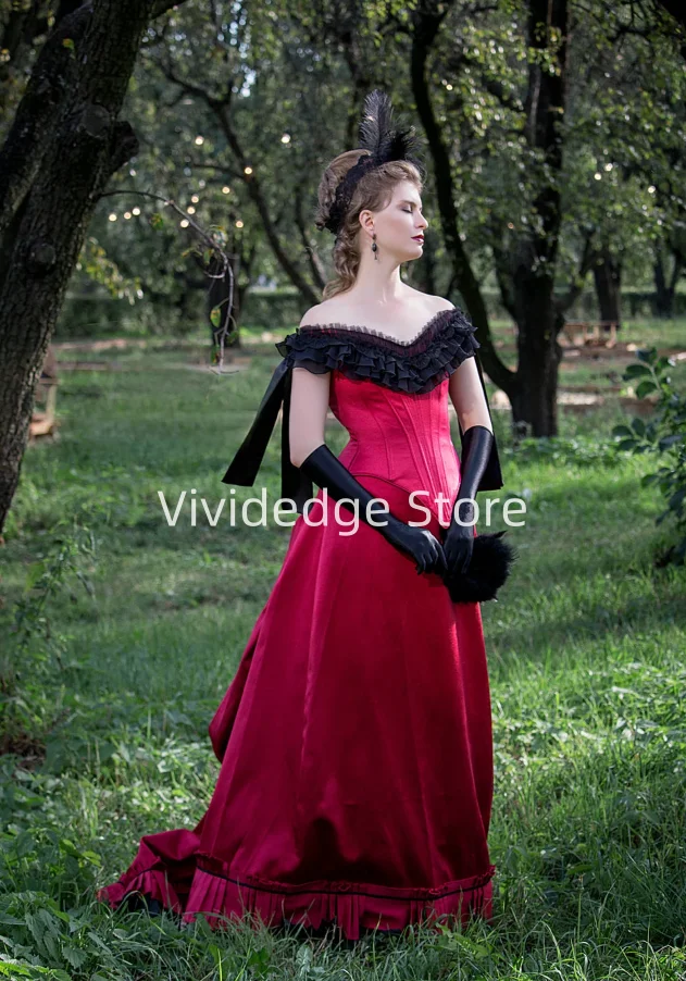 Customized 2025 Berry Red Victorian Gowns Victorian Halloween Dresses Evening Gowns 1880s Costume Lace-Up Prom Dresses