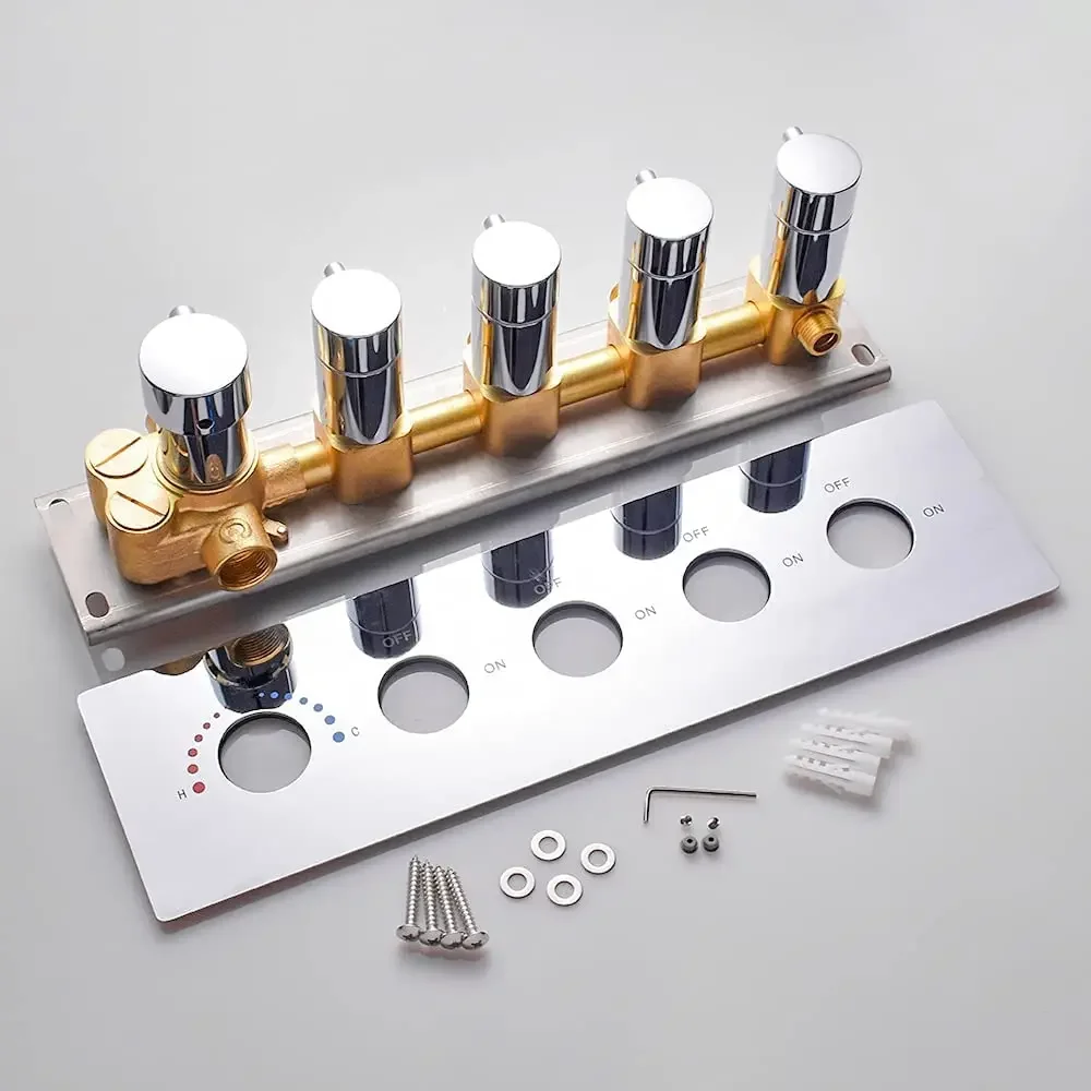 

Термостатический 4функциональный твердый латунный смешиватель душевой клапан хромовый скрытый горизонтальный установочный клапан