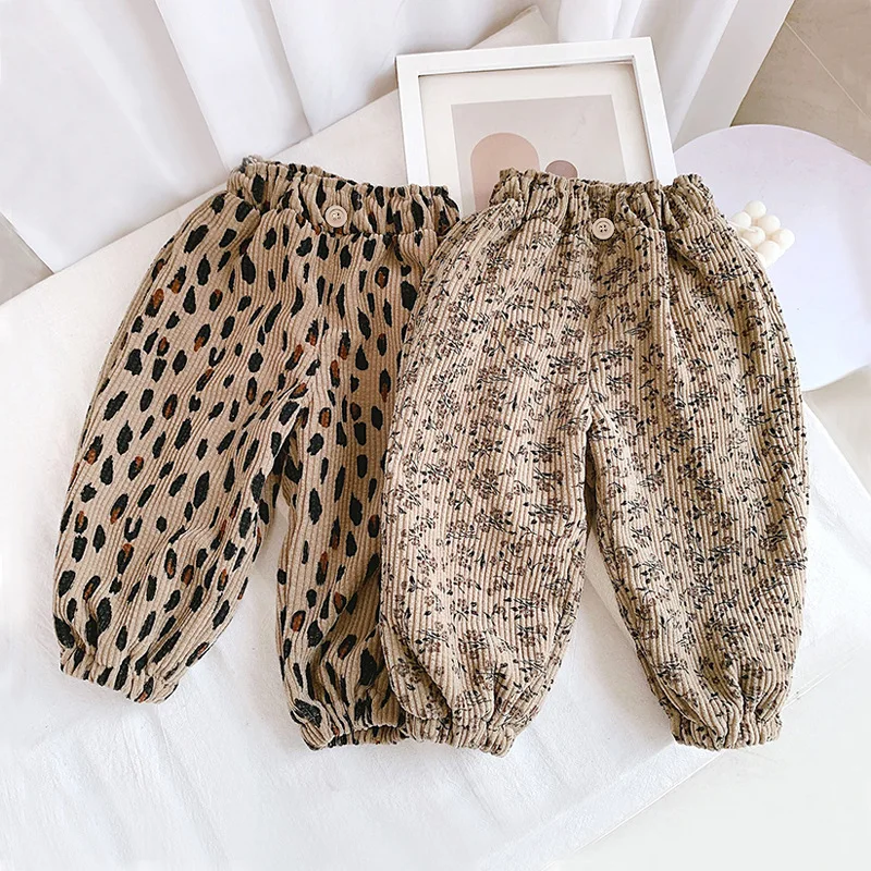 Korean Style Toddler Girls Corduroy Harem Pants 1-8Y Leopard Floral Print Autumn Winter Lined or Thin Casual Pants