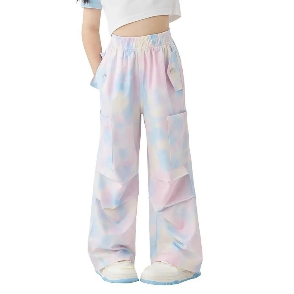 Quick Dry Tie-dye Cargo Pants Mosquito Proof Elastic Fabric Wide Leg Pants Ice Silk Korean Style Loose Fit Trousers Big Size
