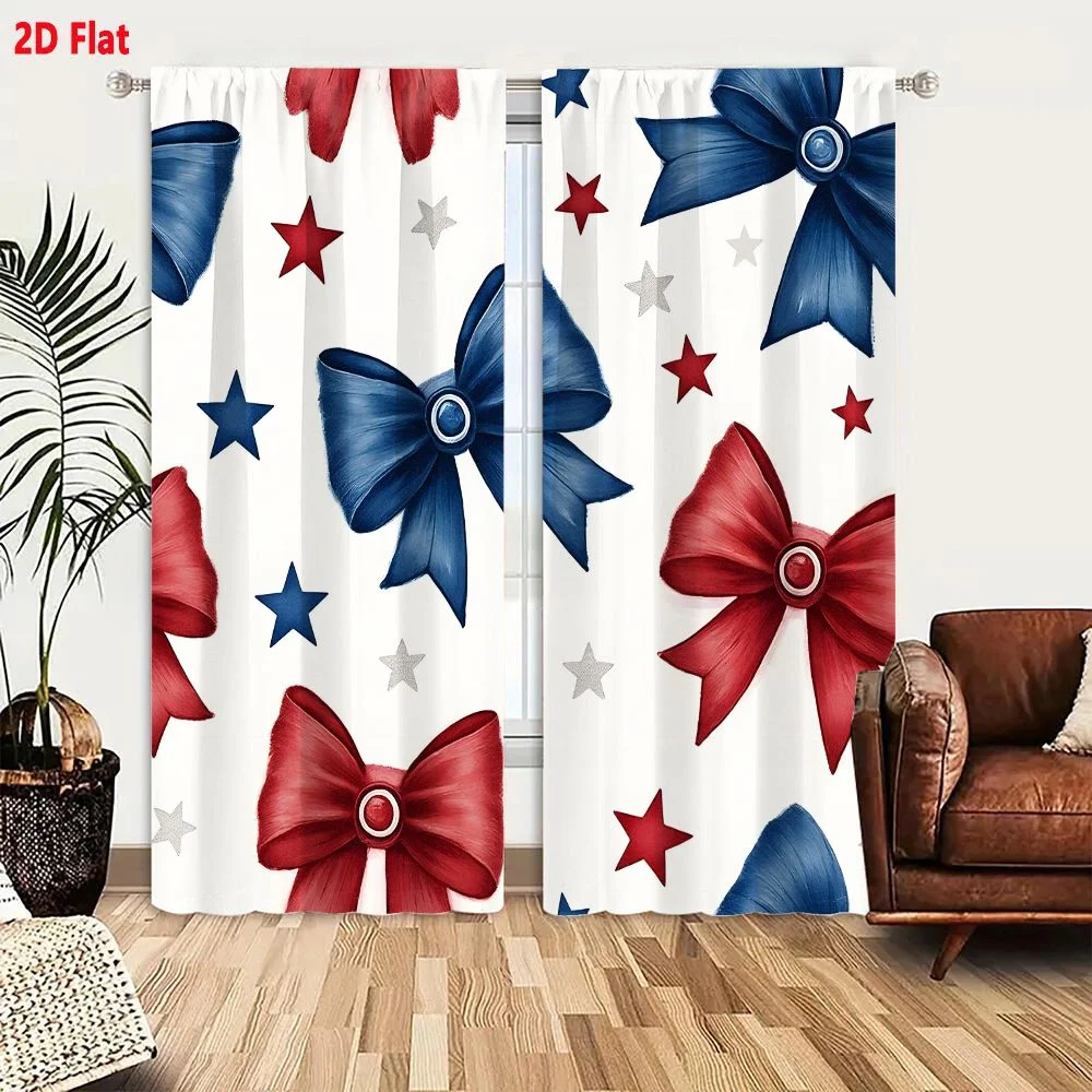 2Pcs Curtains Festive Bows And Stars Seamless Pattern With Patriotic Colors Window Drapes for Bedroom Room Decor Decoration Wind