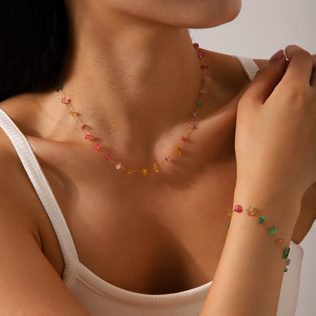 

Huangchao New Fashion Natural Stone Necklace Bracelet Colored Gemstone Stainless Steel Jewelry Set Women's Accessories Gift Set