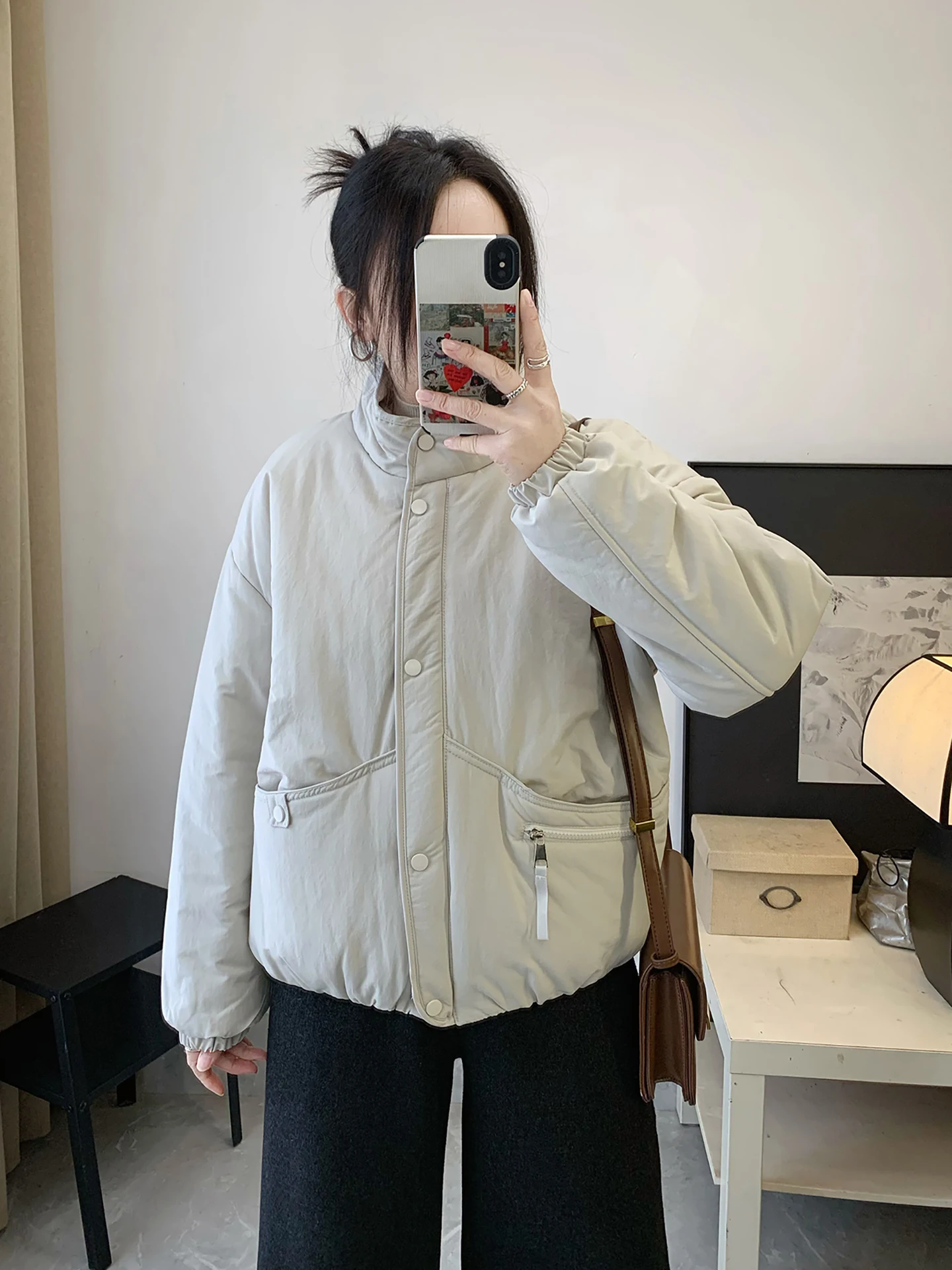 

Thiened Casual Collar ort Cotton Jaet Women's Faion Korean Sle Polyester Filling Stand Collar Winter Coat