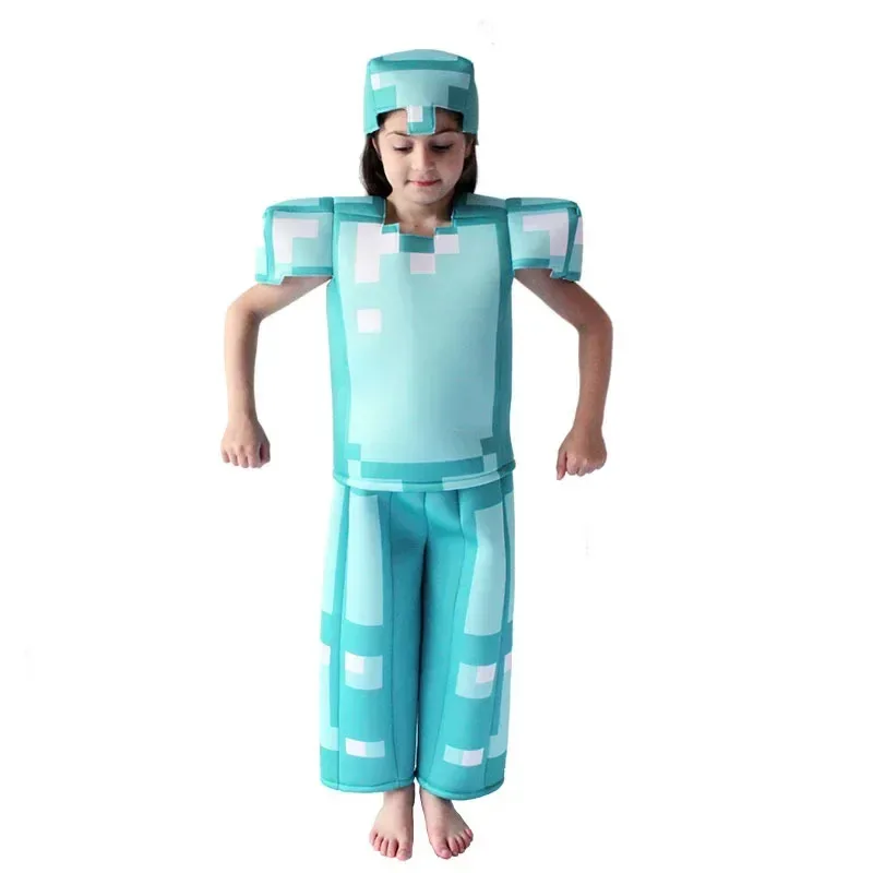 

Kids Cosplay Diamond Armor Game Character Steve Cosplay Costumes 3 Pieces Set Blue Outfits Dress Up Set for Halloween