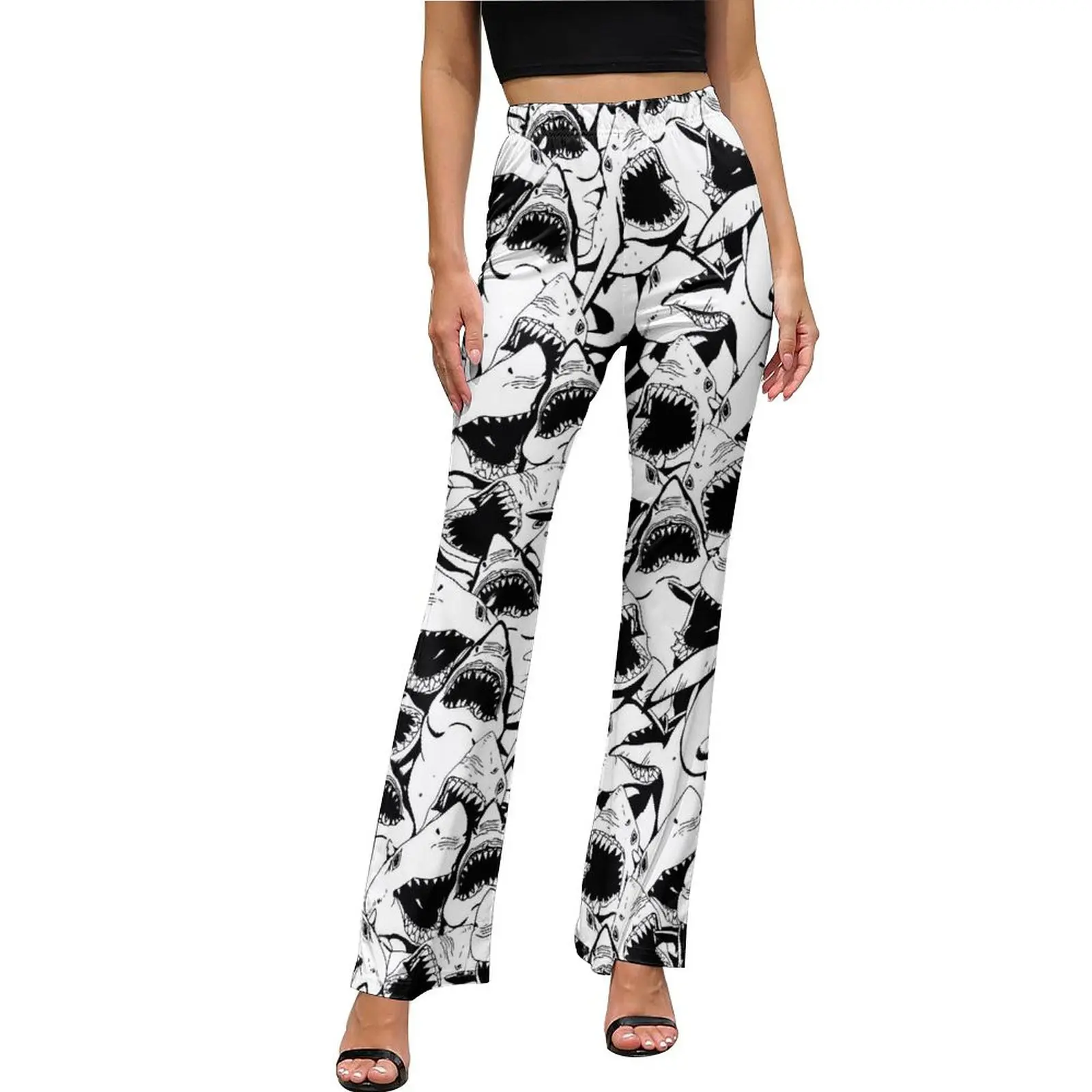 

Great White Sharks Casual Pants Woman Black and White Slim Harajuku Flare Pants Spring Night Club Design Trousers