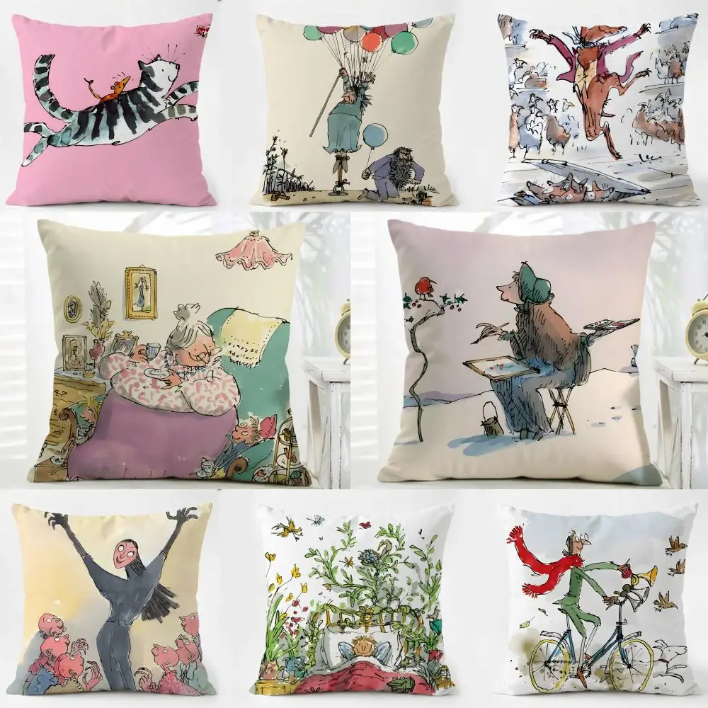 Fashion Playful Retro Q-Quentin BlakeS Cushion Cover Washable Linen Pillowcase Soft  for Daily Sofa Bed Home Room Decor