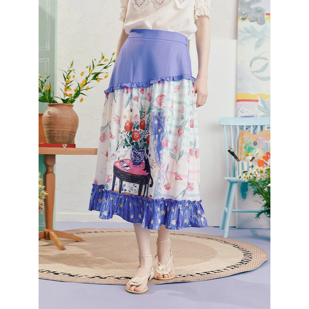 

Fragrant Rose Forest Girl A-Line Midi Skirt with Ruffles