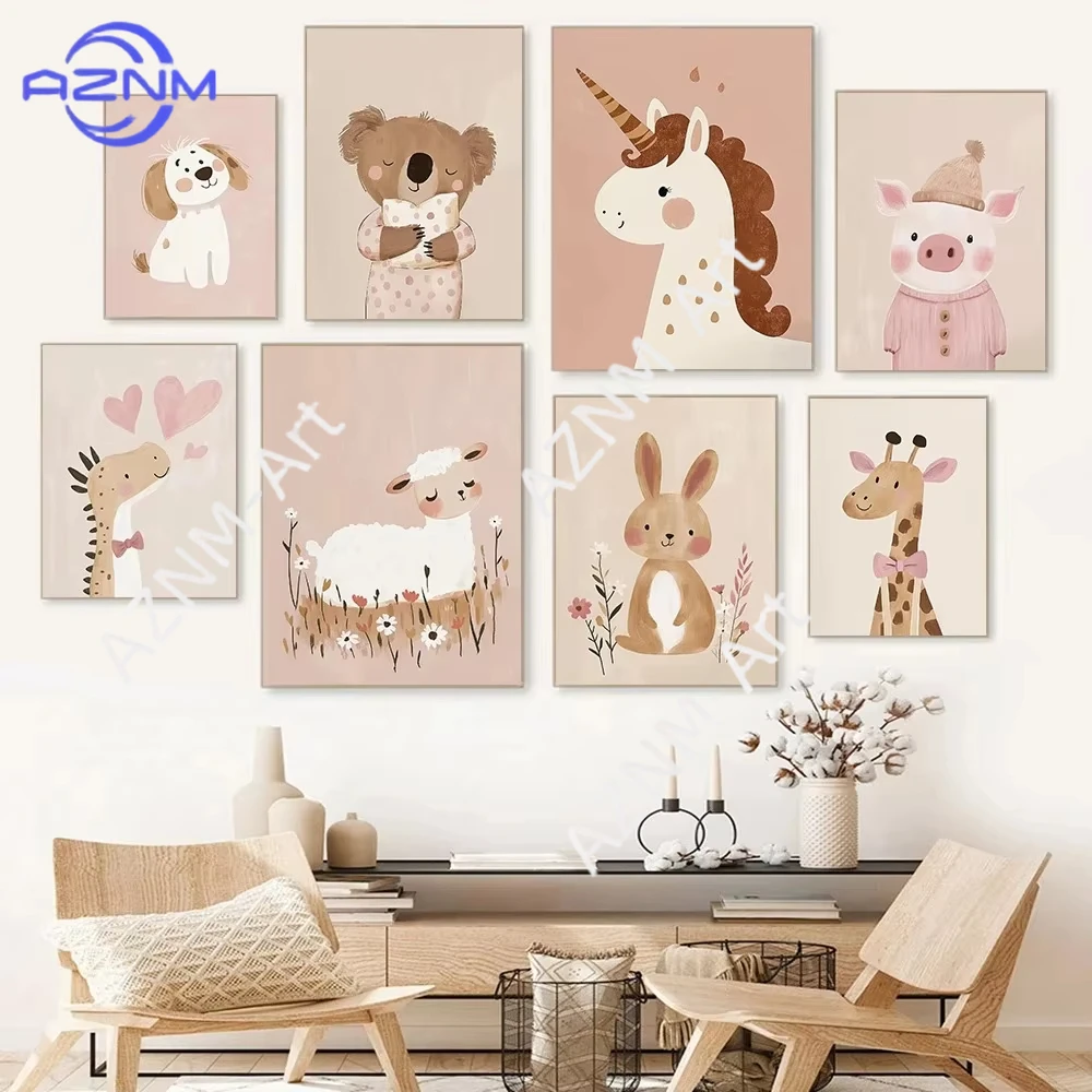 1PC ，Nordic Pink Cute Cartoon Animal Fox Unicorn Illustration Posters Prints Canvas Painting Living Room Home Decor