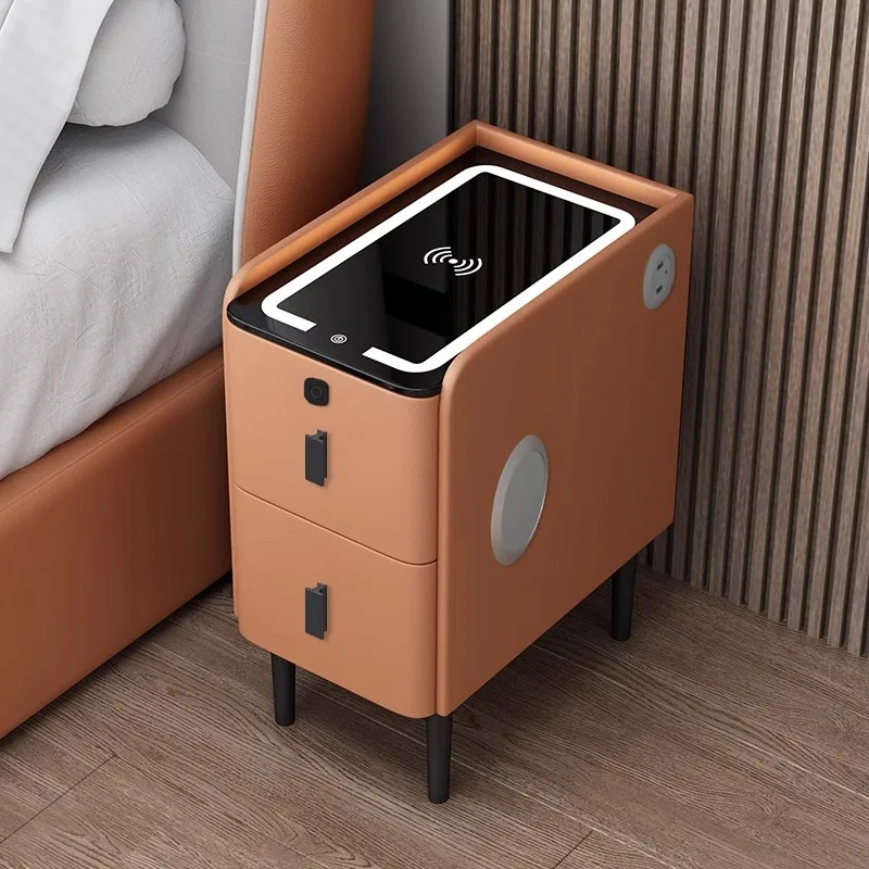 

Smart bedside table wireless charging fingerprint lock solid wood light luxury narrow side bedside modern simple