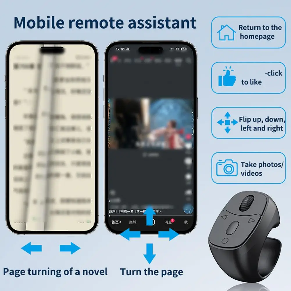 Bluetooth 5.3 Wireless Fingertip Ring Remote Control Page Turner Browsing Scrolling Ring Wireless Camera Shutter Selfie Button