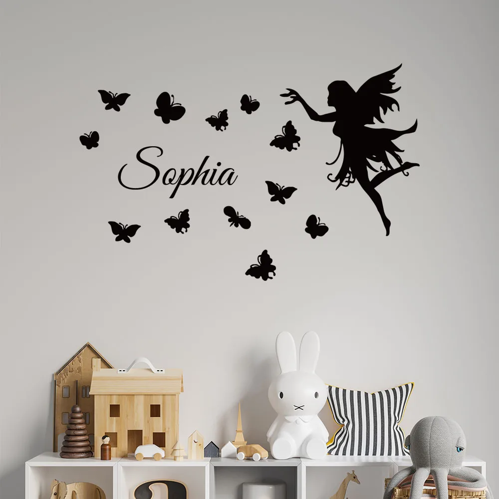 1PC Cartoon Fairy Butterfly Customizable Name Vinyl Wallpaper Roll Furniture Decorative Bedroom Decor Text Vinyl Art Decal