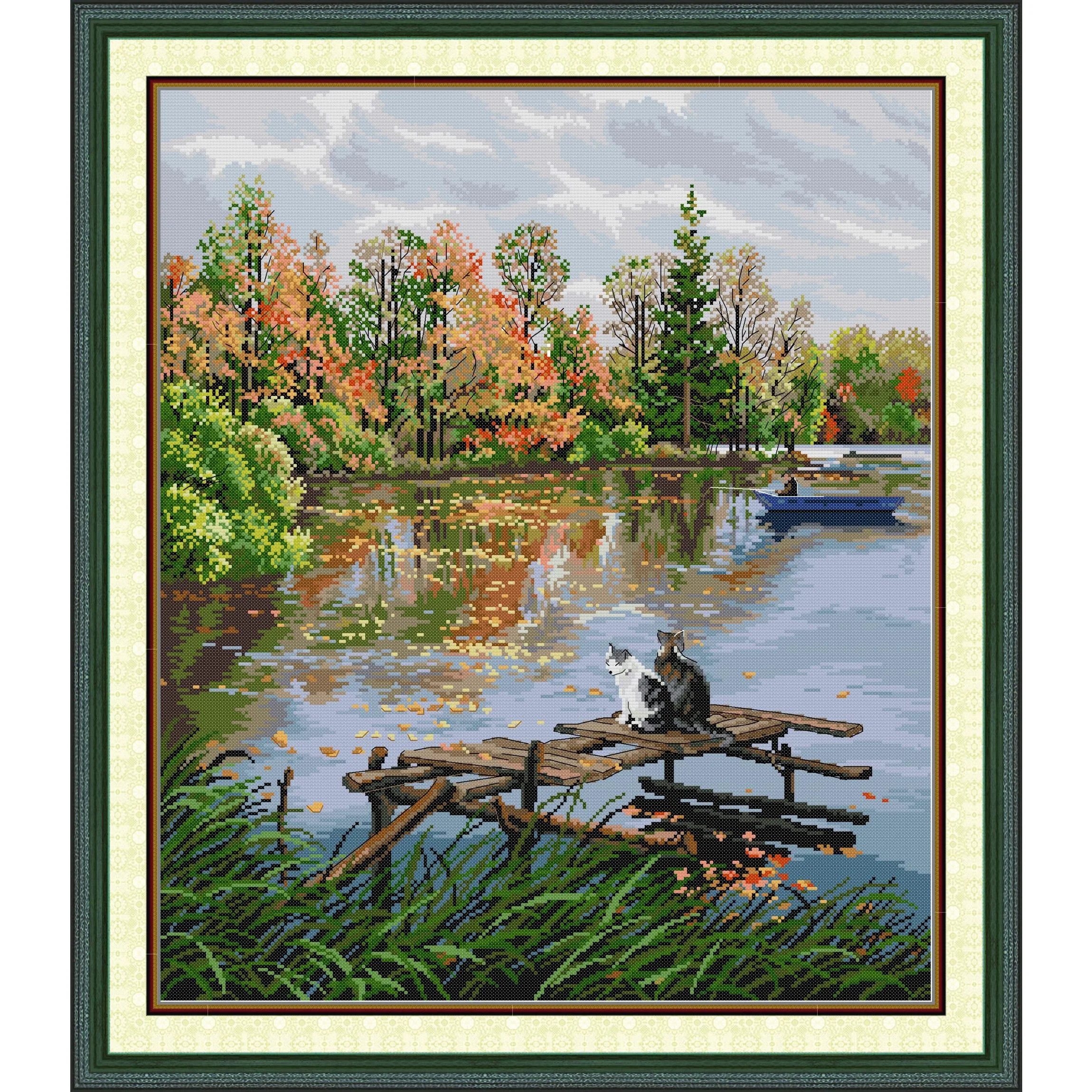 

Soulgift News Набор для вышивки крестом с предварительной печатью, штампованная ткань Аида с нитками DMC, набор для вышивания — два котята по реке.