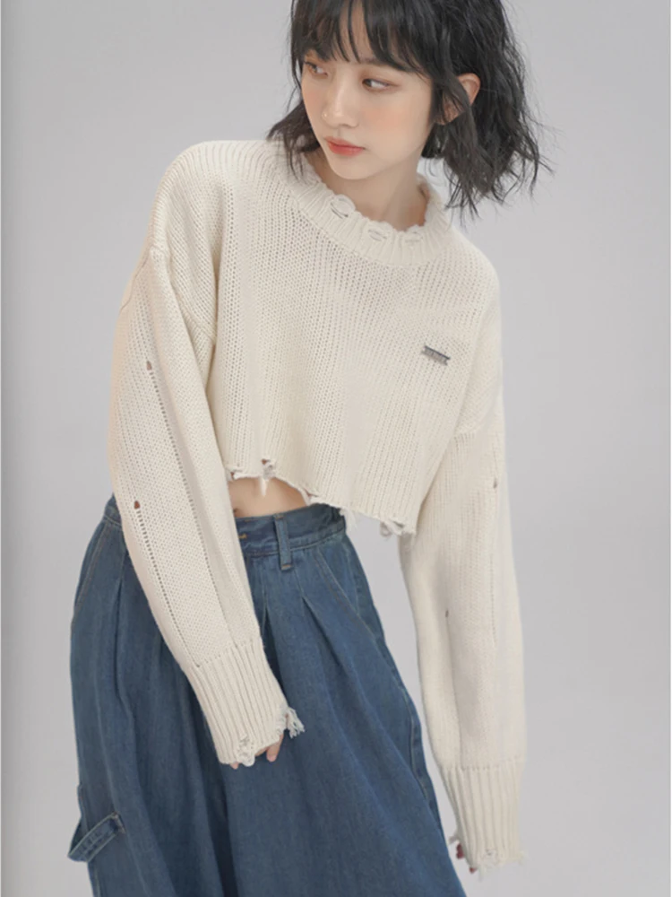 2023 Spring Summer Korean Fashion Women Crop Tops Long Sleeve O-Neck Sweater Solid Color Knitwear Streetwear Loose Casual Tide