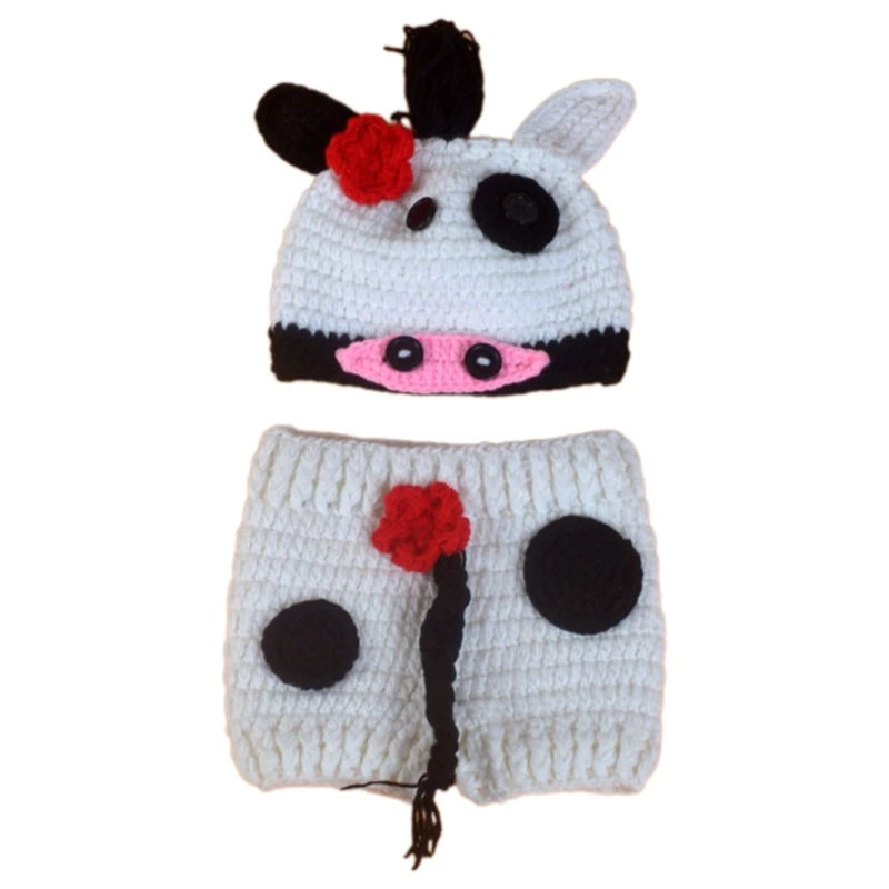 

Newborn Photo Set Crochet Cow Costume Hat Shorts Outfit Set Photo Props Animal Costume Infant Photography Suit