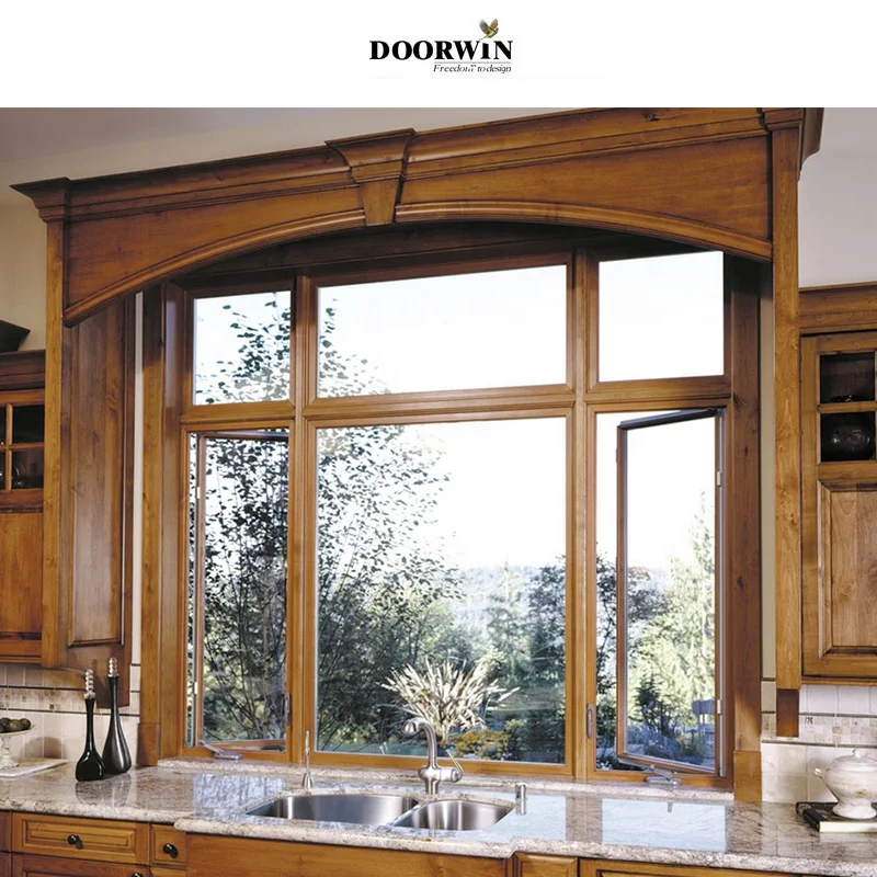 Manivela de aluminio revestida de madera de roble de California americano, ventana abierta, ventanas abatibles con nuevo diseño