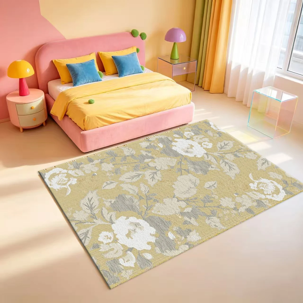 Vintage Gold Tone Peony Floral Print Carpet Flooring Retro Botanical Art Area Rug For Indoor Living Room Floor Rug