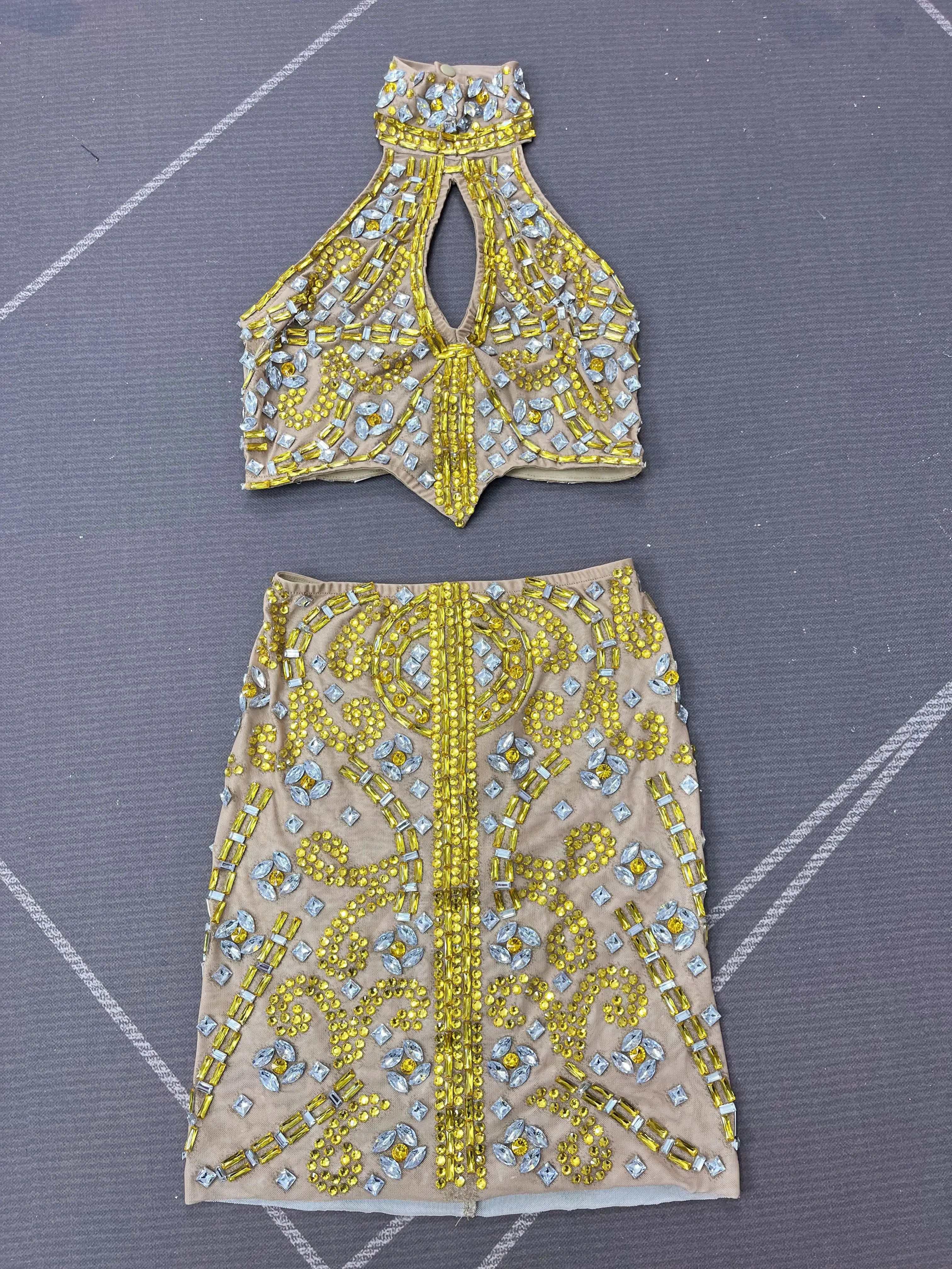 Luxury Perform Outfit Shining Rhinestones Tank top Skirt Split set Party Celebrate Singer Dancer Stage Costume Shuanghuanglian