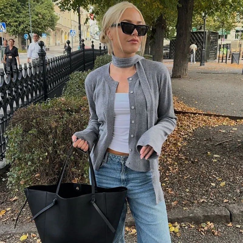 Tuularose femmes gris Cardigan mode solide écharpe décontractée mince simple bouton chandails haut nouveau basique bureau dame vêtements d'extérieur pour femmes