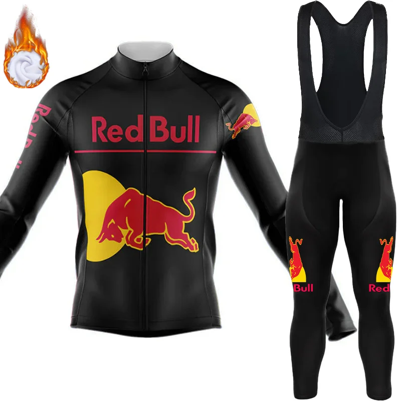 Cycling Uniform Pants Man Complete 2024 Red Bull Fleece Jersey Team Clothing Costume for Men\'s Bike Winter Thermal Road Mtb Male