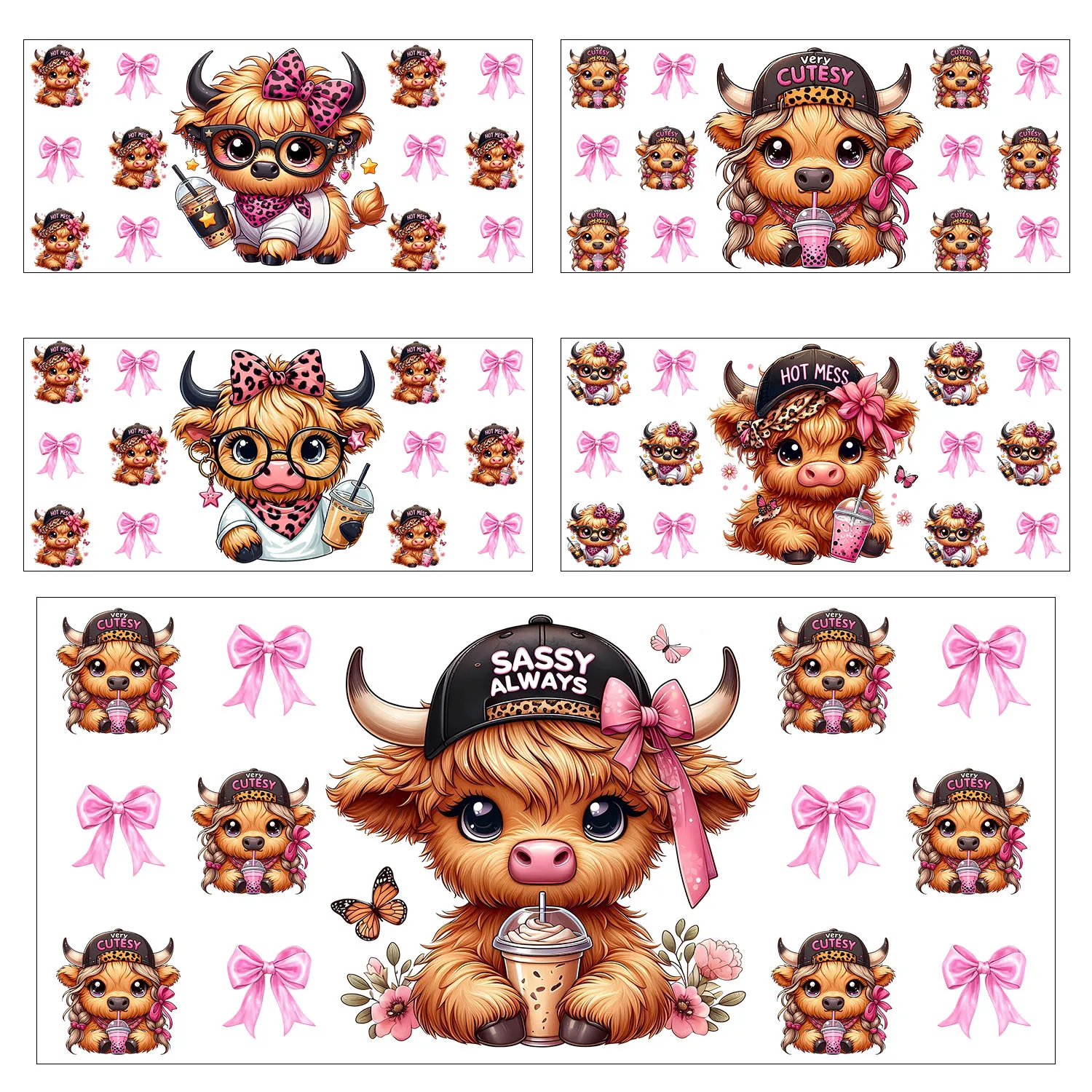 1pcs 5pcs Pink bowknot Highland cattle easy peel waterproof DIY Decals 3D transfers uvdtf stickers 16oz uv dtf cup wraps