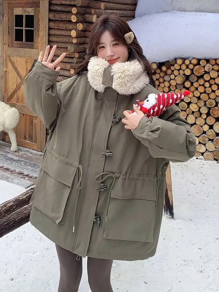

Korean Sle Women's Loose Casual Cotton Jaet Lamb Fur Collar Workwear Coat Mid-Length American Retro All-Match Winter Coat