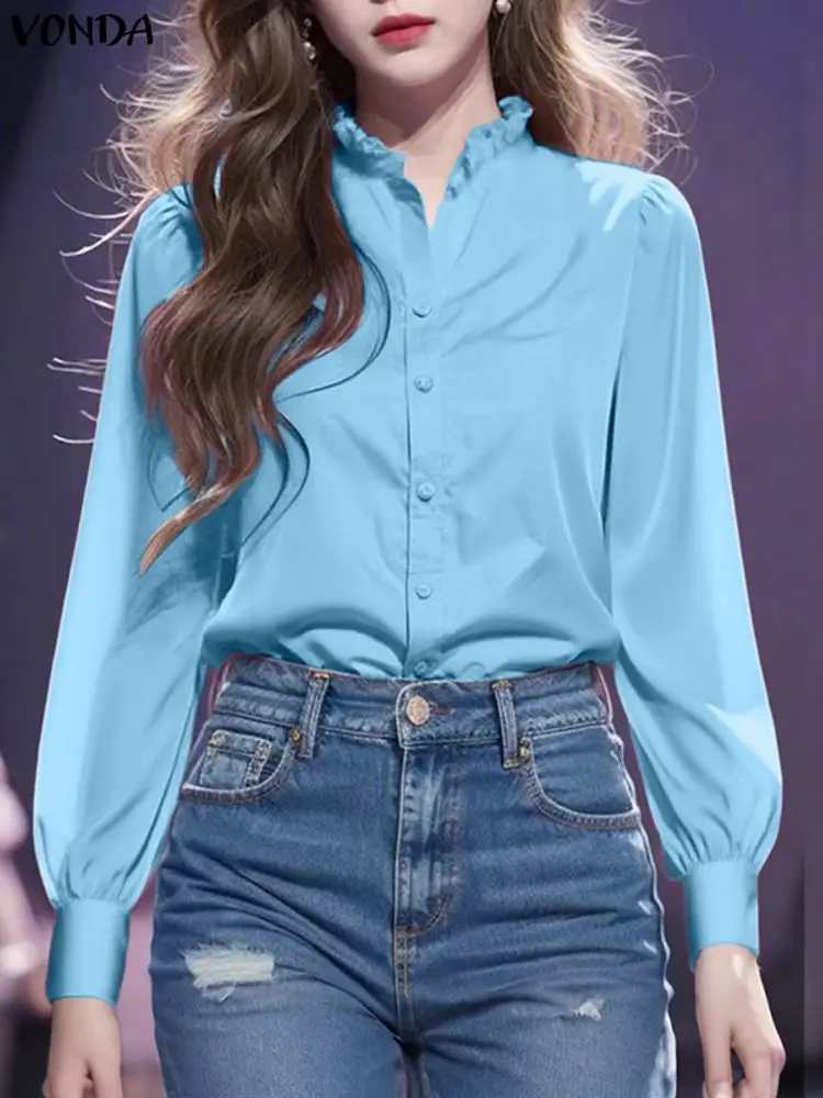 VONDA エレガントな女性用オフィスレディシャツ 2025年秋 長袖トップス ボタン付き スタンドカラー 無地 韓国風ブラウス カジュアル パーティーブラウス