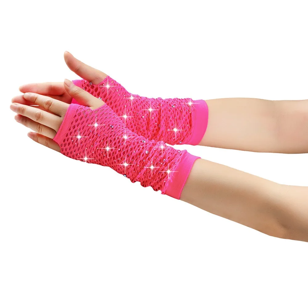 قفازات شبكة صيد السمك بدون أصابع مرنة للغاية من حجر الراين قفازات الزفاف المثير للسيدات ديسكو للحفلات الراقصة والحفلات الراقصة