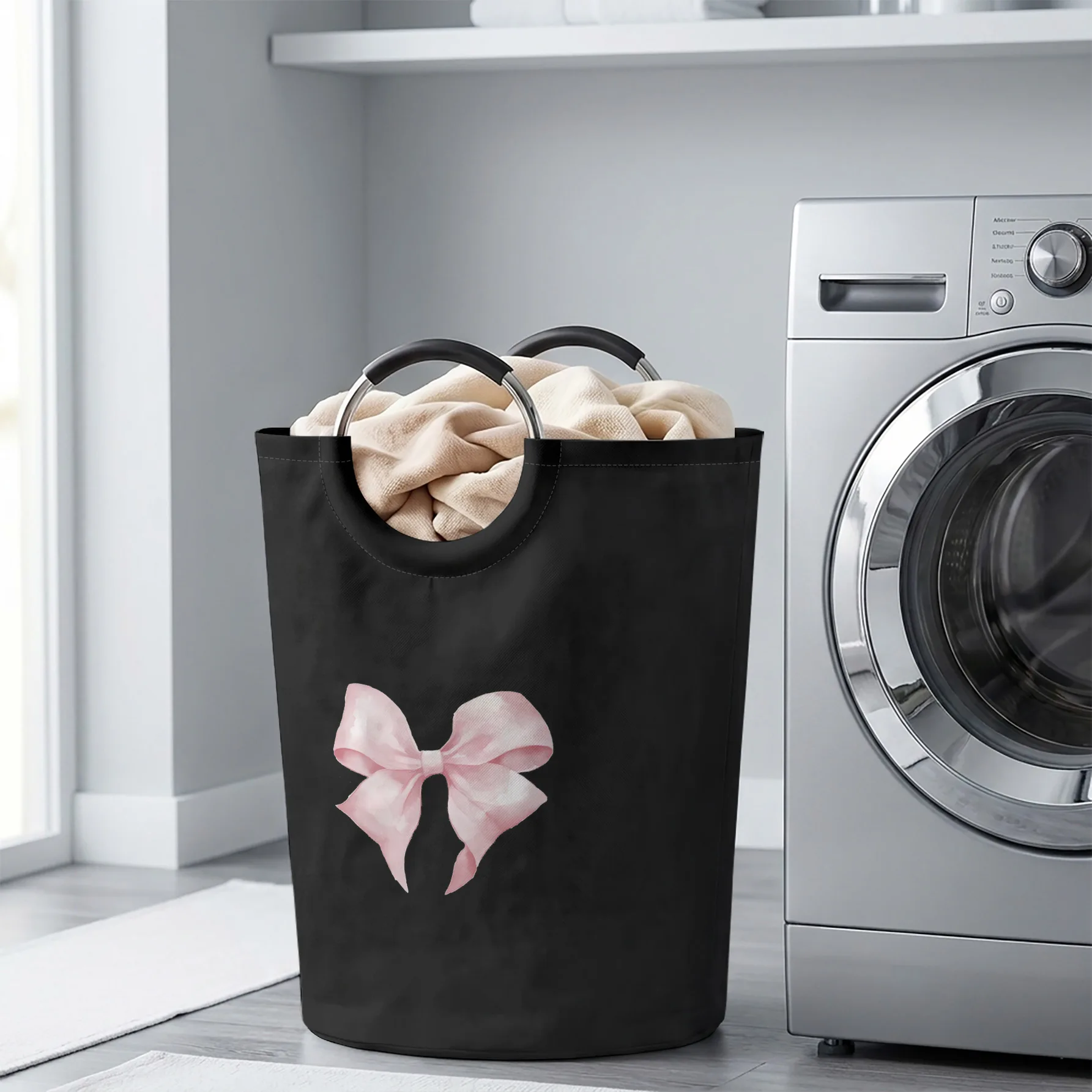 Pink Bow Print Handheld Storage Basket, Large Capacity, for Dirty Clothes, Bedroom Sundries and Toy Storage