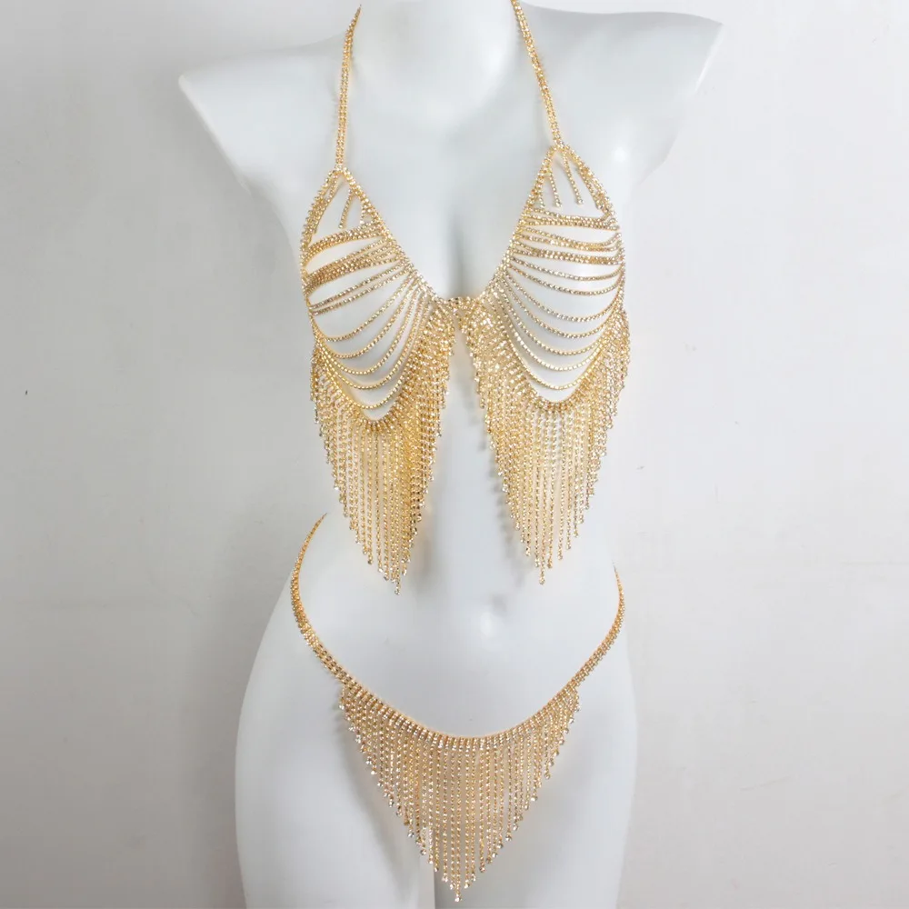 

Sexy Full RhinestoneTassel Bikini Bra Set Women Nightclub Super Bling Hollo Underwear Bras Body Chain Thong Bodysuit Crothless